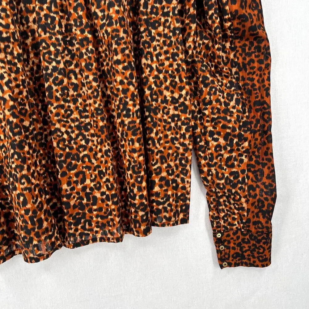 ULLA JOHNSON Vesna Blouse Womens 4 Brown Black Leopard Print Cotton Puff Sleeve